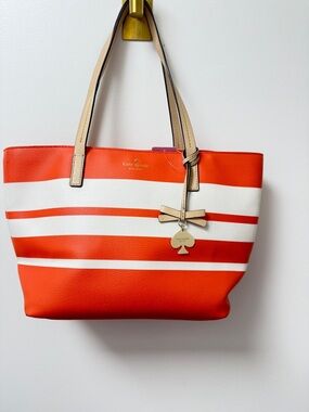 kate spade Orange and White Striped Tote with Tan Handles